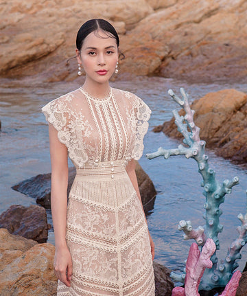2025 Lace Yarn Embroidery Line Lace Splicing Medium Long Dress Dress 817
